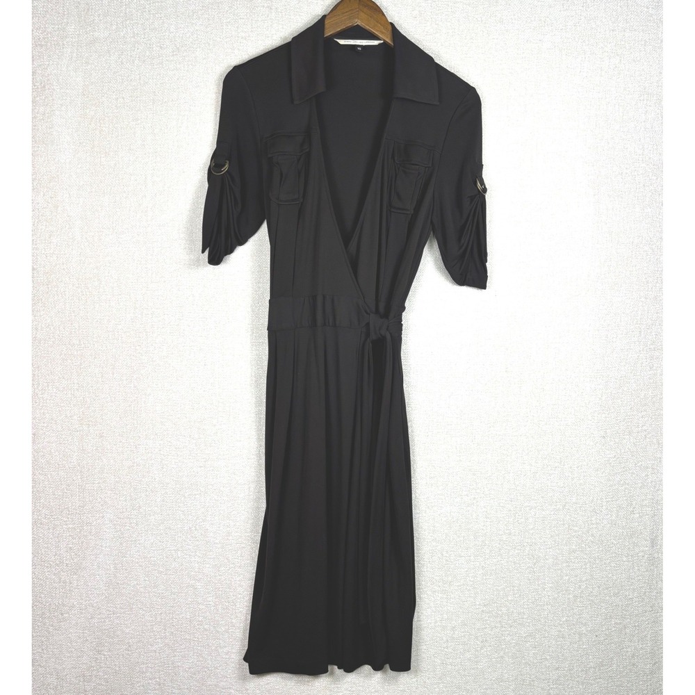 Diane von Furstenberg Brown Jersey Wrap Dress Safari Pockets Ring Sleeve Size 10